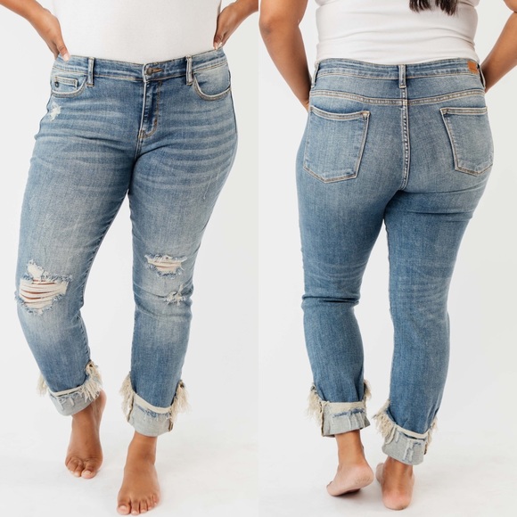 Judy Blue Denim - Judy Blue Cuffed Hem Frayed Girlfriend Jeans